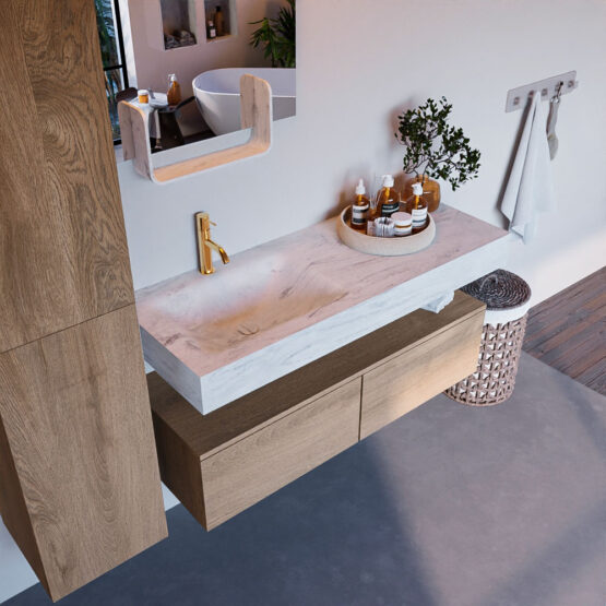 MONDIAZ ALAN-DLUX 120cm mueble de baño Washed Oak 2 cajones. Lavabo CLOUD Izquierda 1 orificio color Opalo.