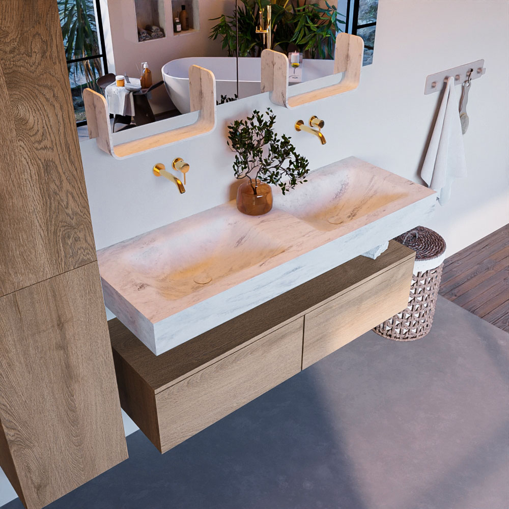 MONDIAZ ALAN-DLUX 130cm mueble de baño Washed Oak 2 cajones. Lavabo CLOUD Doble sin orificios color Opalo. 1 MONDIAZ ALAN-DLUX 130cm mueble de baño Washed Oak 2 cajones. Lavabo CLOUD Doble sin orificios color Opalo.