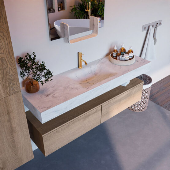 MONDIAZ ALAN-DLUX 150cm mueble de baño Washed Oak 2 cajones. Lavabo CLOUD Centro 1 orificio color Opalo.