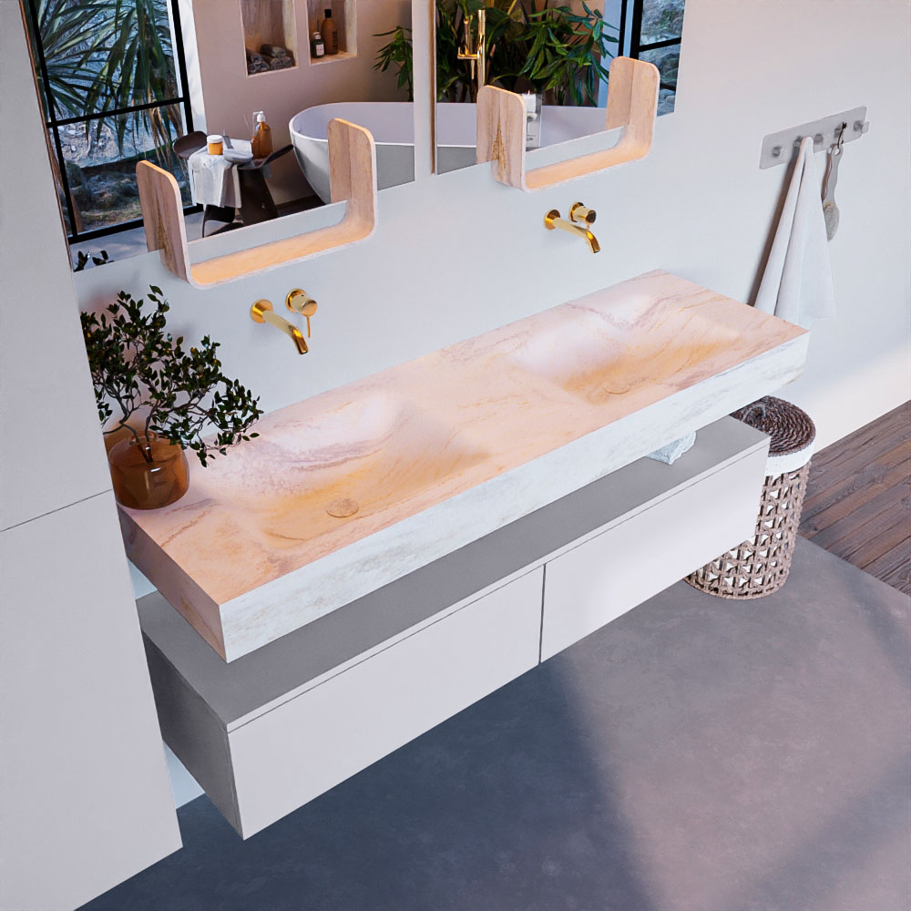 MONDIAZ ALAN-DLUX 150cm mueble de baño Cale 2 cajones. Lavabo CLOUD Doble sin orificios color Ostra. 1 MONDIAZ ALAN-DLUX 150cm mueble de baño Cale 2 cajones. Lavabo CLOUD Doble sin orificios color Ostra.