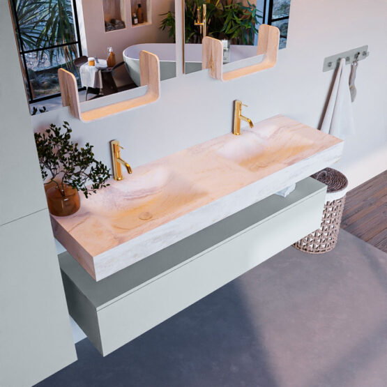 MONDIAZ ALAN-DLUX 150cm mueble de baño Clay 1 cajón. Lavabo CLOUD Doble 2 orificios color Ostra.