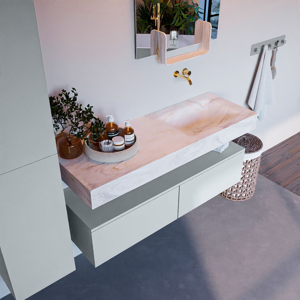 MONDIAZ ALAN-DLUX 130cm mueble de baño Clay 2 cajones. Lavabo CLOUD Derecho sin orificios color Ostra. 1 MONDIAZ ALAN-DLUX 130cm mueble de baño Clay 2 cajones. Lavabo CLOUD Derecho sin orificios color Ostra.