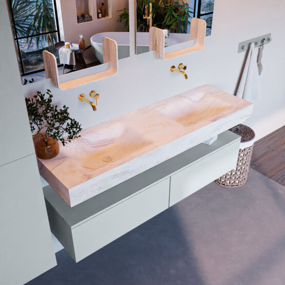 MONDIAZ ALAN-DLUX 150cm mueble de baño Clay 2 cajones. Lavabo CLOUD Doble sin orificios color Ostra.