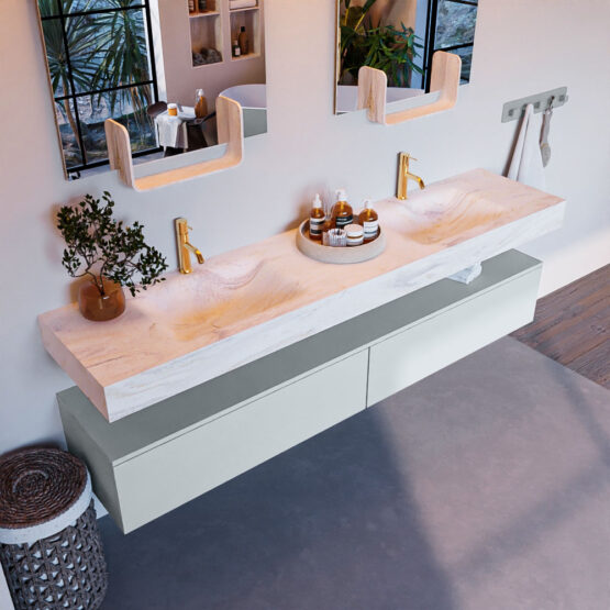 MONDIAZ ALAN-DLUX 200cm mueble de baño Clay 2 cajones. Lavabo CLOUD Doble 2 orificios color Ostra.