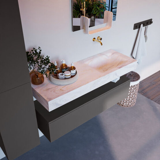 MONDIAZ ALAN-DLUX 130cm mueble de baño Dark Grey 1 cajón. Lavabo CLOUD Derecho sin orificios color Ostra.