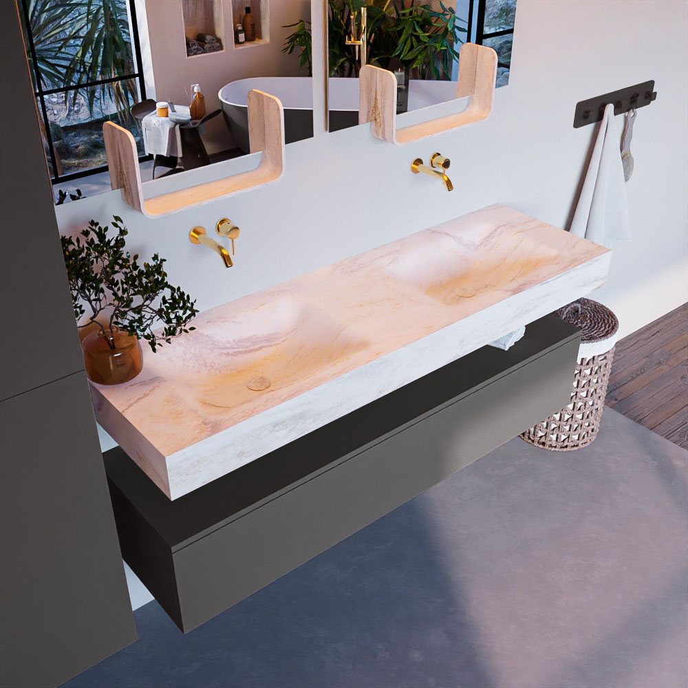 MONDIAZ ALAN-DLUX 150cm mueble de baño Dark Grey 1 cajón. Lavabo CLOUD Doble sin orificios color Ostra. 1 MONDIAZ ALAN-DLUX 150cm mueble de baño Dark Grey 1 cajón. Lavabo CLOUD Doble sin orificios color Ostra.