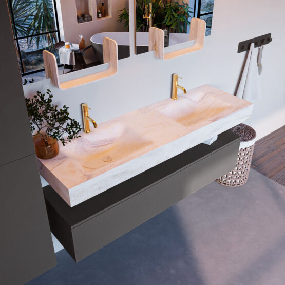 MONDIAZ ALAN-DLUX 150cm mueble de baño Dark Grey 1 cajón. Lavabo CLOUD Doble 2 orificios color Ostra.