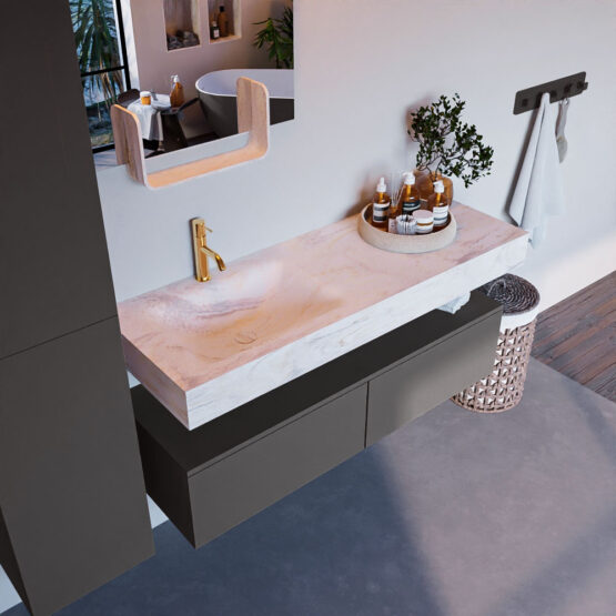 MONDIAZ ALAN-DLUX 130cm mueble de baño Dark Grey 2 cajones. Lavabo CLOUD Izquierda 1 orificio color Ostra.