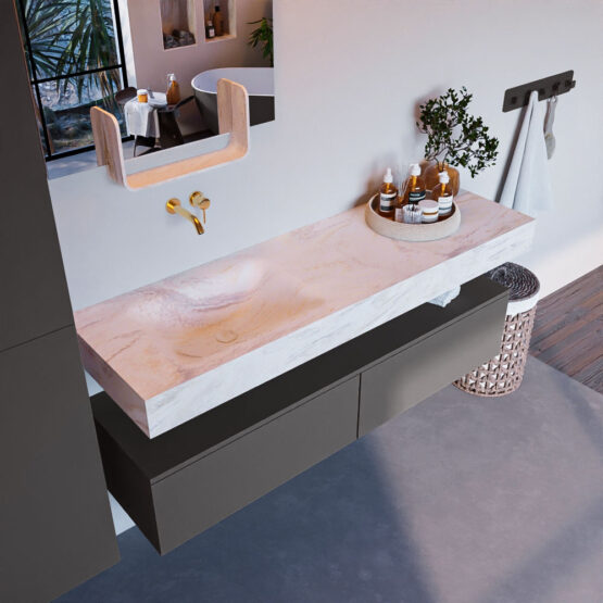 MONDIAZ ALAN-DLUX 150cm mueble de baño Dark Grey 2 cajones. Lavabo CLOUD Izquierda sin orificios color Ostra.