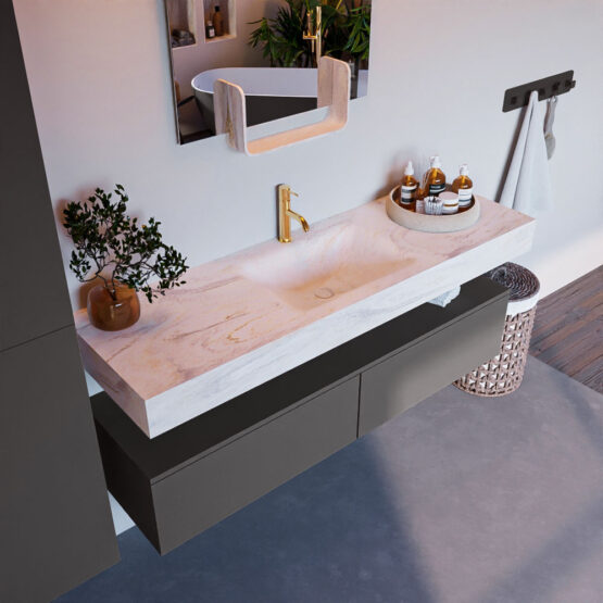 MONDIAZ ALAN-DLUX 150cm mueble de baño Dark Grey 2 cajones. Lavabo CLOUD Centro 1 orificio color Ostra.