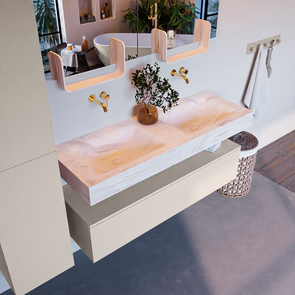MONDIAZ ALAN-DLUX 130cm mueble de baño Linen 1 cajón. Lavabo CLOUD Doble sin orificios color Ostra. 1 MONDIAZ ALAN-DLUX 130cm mueble de baño Linen 1 cajón. Lavabo CLOUD Doble sin orificios color Ostra.