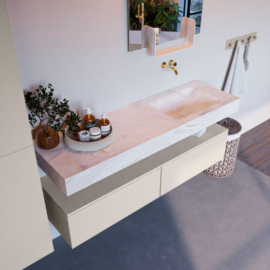 MONDIAZ ALAN-DLUX 150cm mueble de baño Linen 2 cajones. Lavabo CLOUD Derecho sin orificios color Ostra.