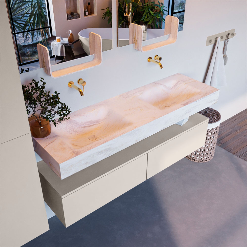 MONDIAZ ALAN-DLUX 150cm mueble de baño Linen 2 cajones. Lavabo CLOUD Doble sin orificios color Ostra. 1 MONDIAZ ALAN-DLUX 150cm mueble de baño Linen 2 cajones. Lavabo CLOUD Doble sin orificios color Ostra.