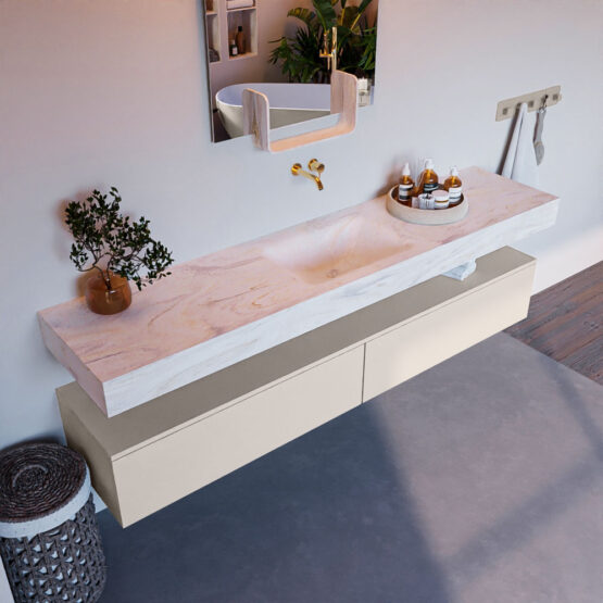 MONDIAZ ALAN-DLUX 200cm mueble de baño Linen 2 cajones. Lavabo CLOUD Centro sin orificios color Ostra.