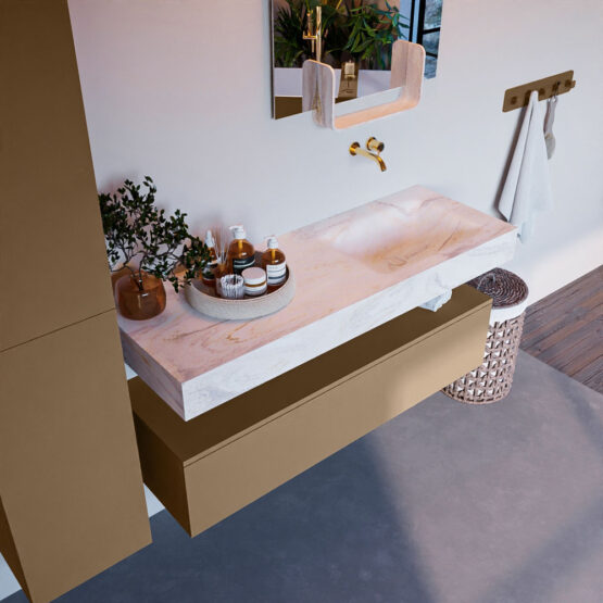 MONDIAZ ALAN-DLUX 130cm mueble de baño Oro 1 cajón. Lavabo CLOUD Derecho sin orificios color Ostra.