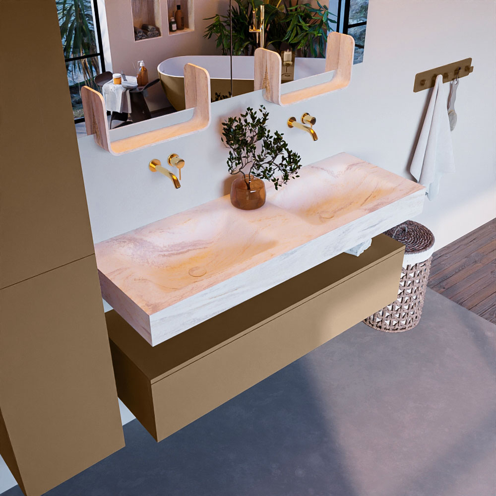 MONDIAZ ALAN-DLUX 130cm mueble de baño Oro 1 cajón. Lavabo CLOUD Doble sin orificios color Ostra. 1 MONDIAZ ALAN-DLUX 130cm mueble de baño Oro 1 cajón. Lavabo CLOUD Doble sin orificios color Ostra.