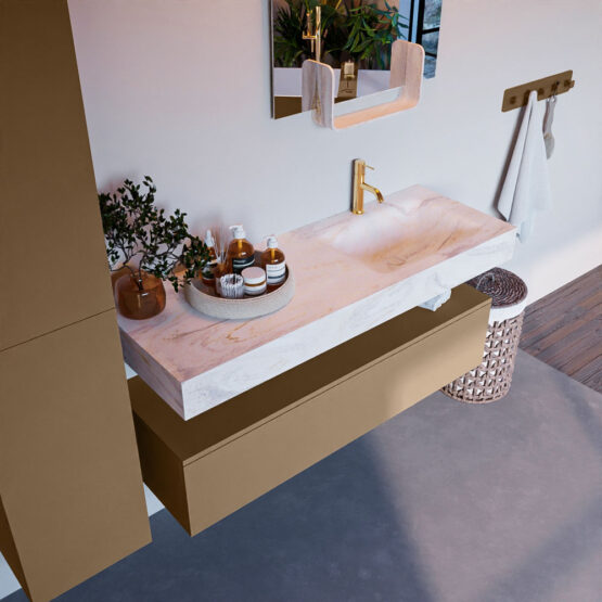 MONDIAZ ALAN-DLUX 130cm mueble de baño Oro 1 cajón. Lavabo CLOUD Derecho 1 orificio color Ostra.