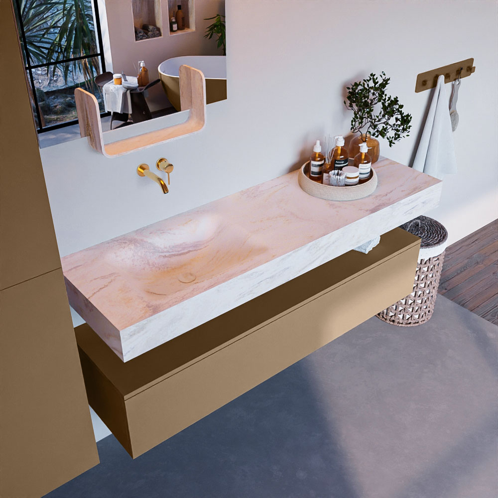 MONDIAZ ALAN-DLUX 150cm mueble de baño Oro 1 cajón. Lavabo CLOUD Izquierda sin orificios color Ostra. 1 MONDIAZ ALAN-DLUX 150cm mueble de baño Oro 1 cajón. Lavabo CLOUD Izquierda sin orificios color Ostra.