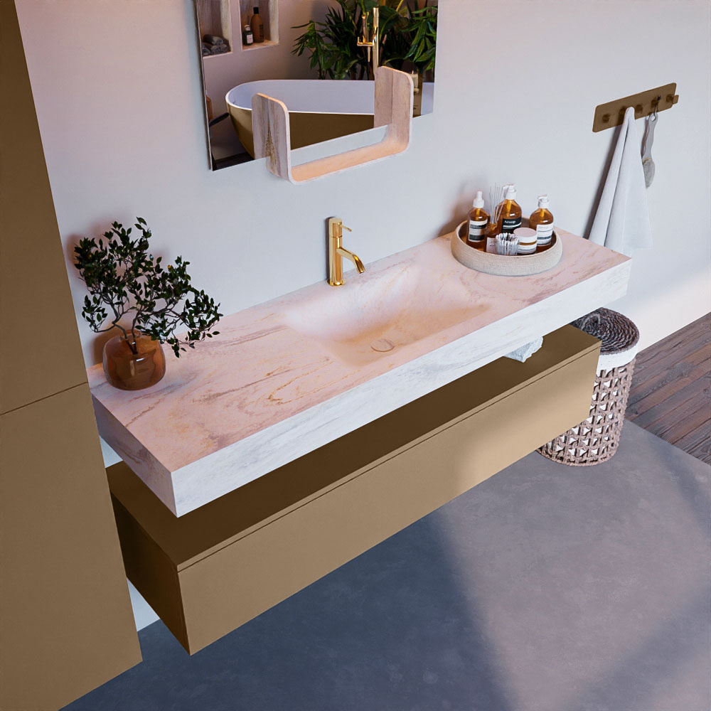 MONDIAZ ALAN-DLUX 150cm mueble de baño Oro 1 cajón. Lavabo CLOUD Centro 1 orificio color Ostra. 1 MONDIAZ ALAN-DLUX 150cm mueble de baño Oro 1 cajón. Lavabo CLOUD Centro 1 orificio color Ostra.