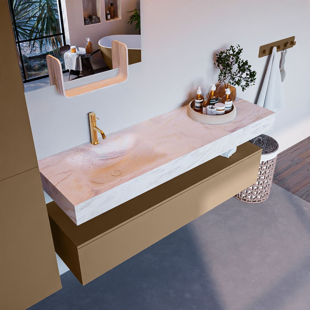 MONDIAZ ALAN-DLUX 150cm mueble de baño Oro 1 cajón. Lavabo CLOUD Izquierda 1 orificio color Ostra. 1 MONDIAZ ALAN-DLUX 150cm mueble de baño Oro 1 cajón. Lavabo CLOUD Izquierda 1 orificio color Ostra.