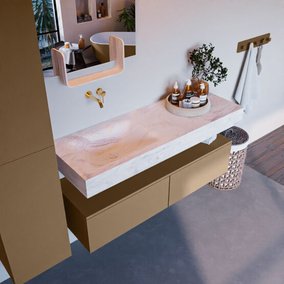 MONDIAZ ALAN-DLUX 130cm mueble de baño Oro 2 cajones. Lavabo CLOUD Izquierda sin orificios color Ostra.