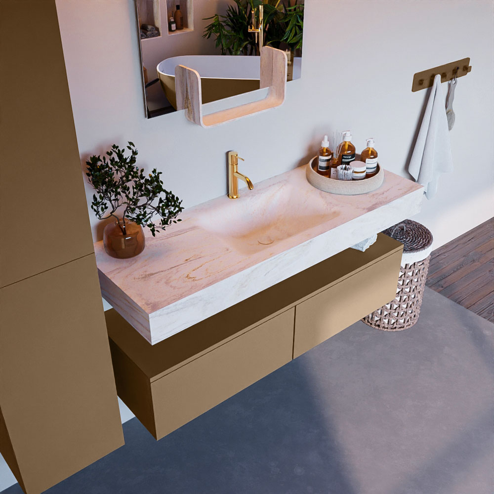 MONDIAZ ALAN-DLUX 130cm mueble de baño Oro 2 cajones. Lavabo CLOUD Centro 1 orificio color Ostra. 1 MONDIAZ ALAN-DLUX 130cm mueble de baño Oro 2 cajones. Lavabo CLOUD Centro 1 orificio color Ostra.