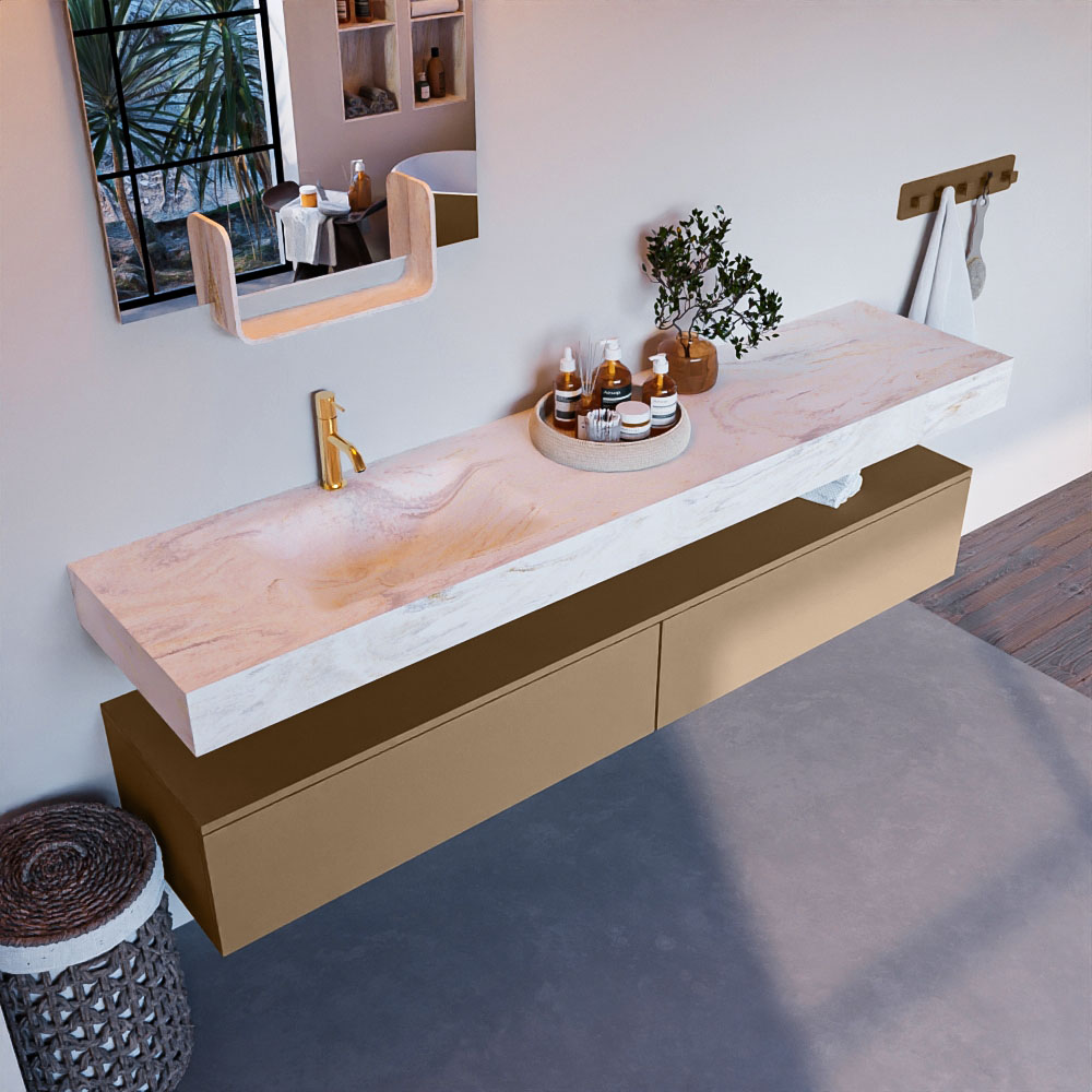 MONDIAZ ALAN-DLUX 200cm mueble de baño Oro 2 cajones. Lavabo CLOUD Izquierda 1 orificio color Ostra. 1 MONDIAZ ALAN-DLUX 200cm mueble de baño Oro 2 cajones. Lavabo CLOUD Izquierda 1 orificio color Ostra.