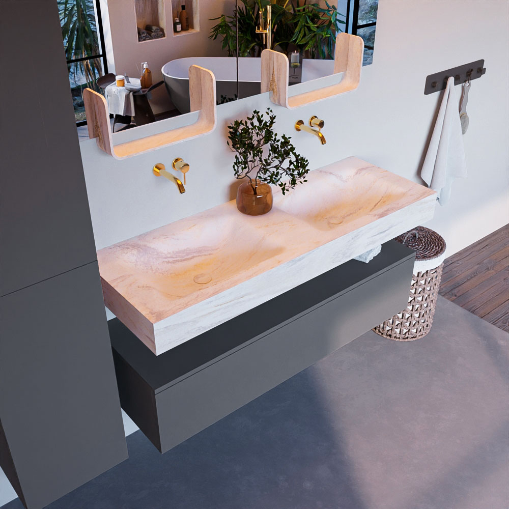 MONDIAZ ALAN-DLUX 130cm mueble de baño Plata 1 cajón. Lavabo CLOUD Doble sin orificios color Ostra. 1 MONDIAZ ALAN-DLUX 130cm mueble de baño Plata 1 cajón. Lavabo CLOUD Doble sin orificios color Ostra.