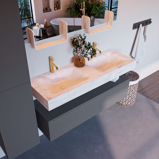 MONDIAZ ALAN-DLUX 130cm mueble de baño Plata 1 cajón. Lavabo CLOUD Doble 2 orificios color Ostra.