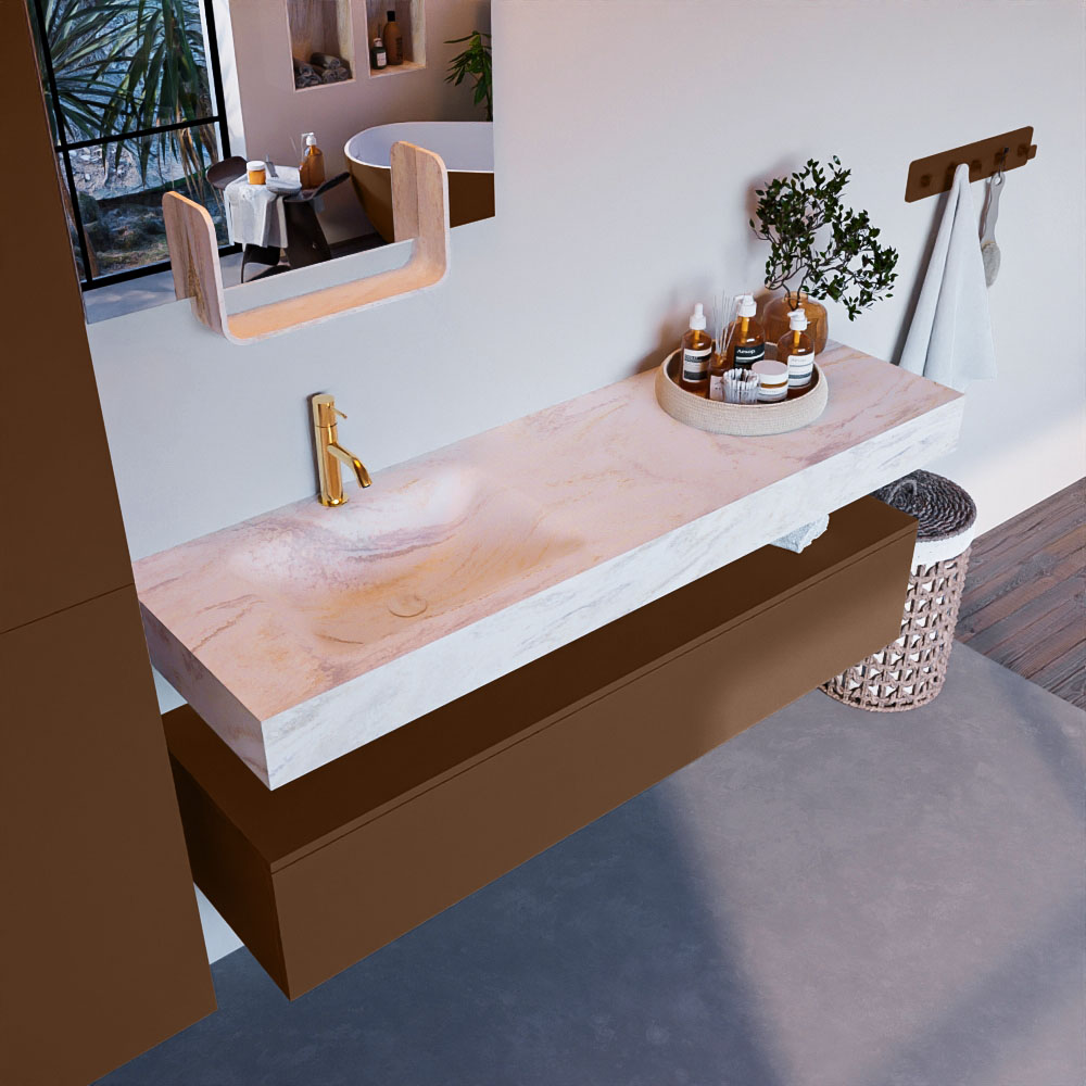 MONDIAZ ALAN-DLUX 150cm mueble de baño Rust 1 cajón. Lavabo CLOUD Izquierda 1 orificio color Ostra. 1 MONDIAZ ALAN-DLUX 150cm mueble de baño Rust 1 cajón. Lavabo CLOUD Izquierda 1 orificio color Ostra.