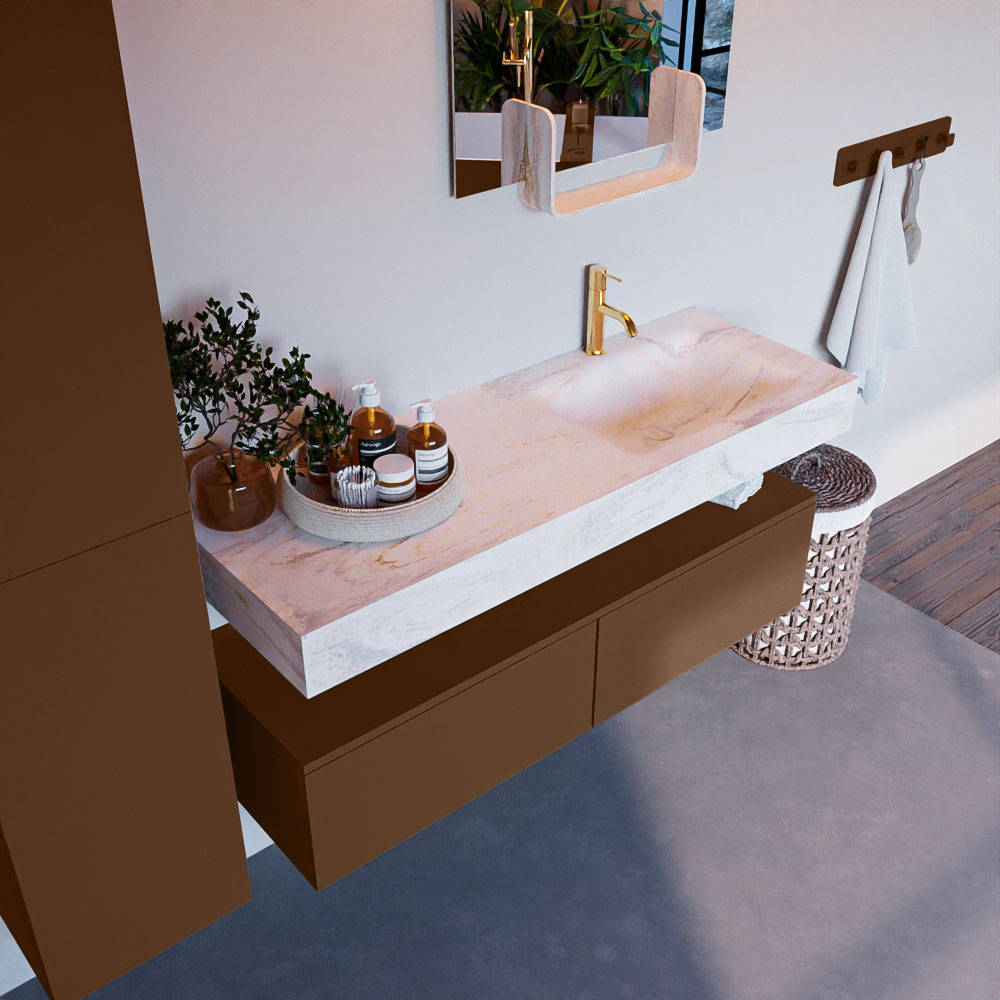 MONDIAZ ALAN-DLUX 130cm mueble de baño Rust 2 cajones. Lavabo CLOUD Derecho 1 orificio color Ostra. 1 MONDIAZ ALAN-DLUX 130cm mueble de baño Rust 2 cajones. Lavabo CLOUD Derecho 1 orificio color Ostra.