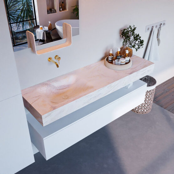 MONDIAZ ALAN-DLUX 150cm mueble de baño Talc 1 cajón. Lavabo CLOUD Izquierda sin orificios color Ostra.