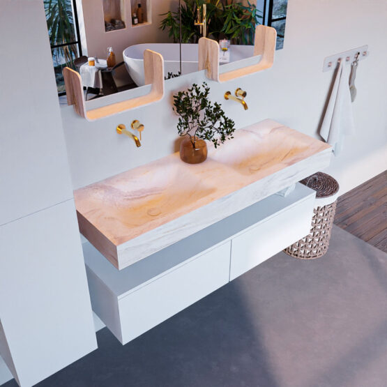 MONDIAZ ALAN-DLUX 130cm mueble de baño Talc 2 cajones. Lavabo CLOUD Doble sin orificios color Ostra.