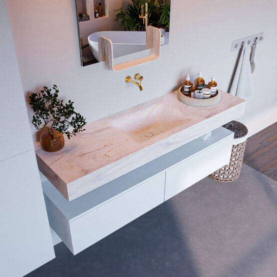 MONDIAZ ALAN-DLUX 150cm mueble de baño Talc 2 cajones. Lavabo CLOUD Centro sin orificios color Ostra.