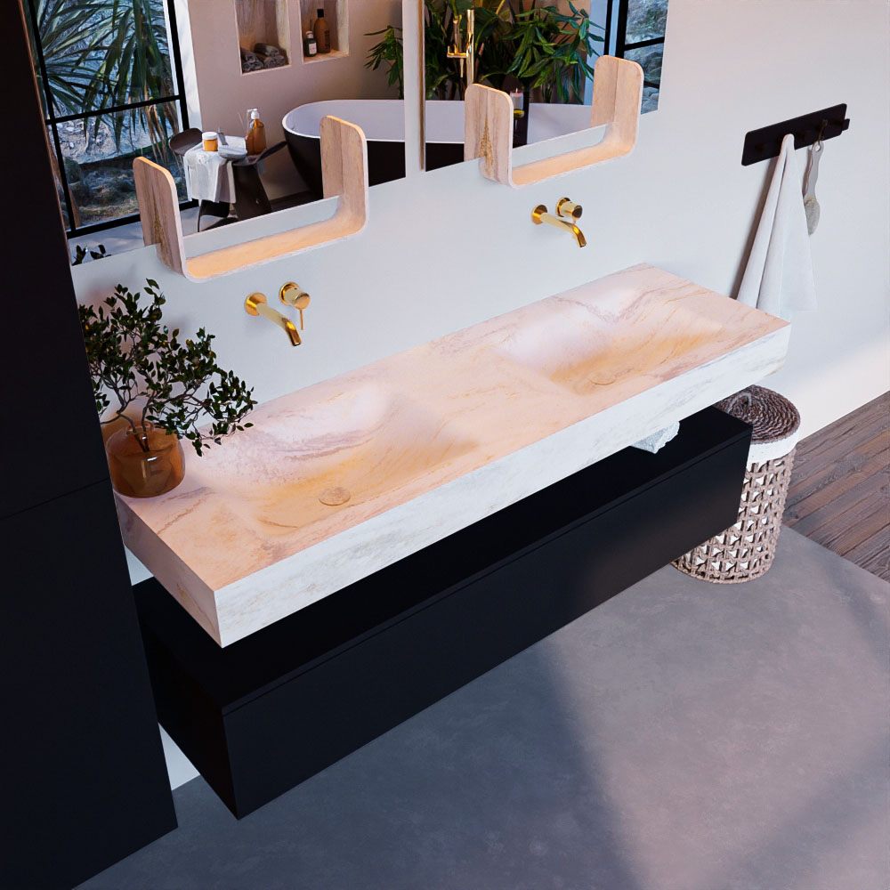 MONDIAZ ALAN-DLUX 150cm mueble de baño Urban 1 cajón. Lavabo CLOUD Doble sin orificios color Ostra. 1 MONDIAZ ALAN-DLUX 150cm mueble de baño Urban 1 cajón. Lavabo CLOUD Doble sin orificios color Ostra.