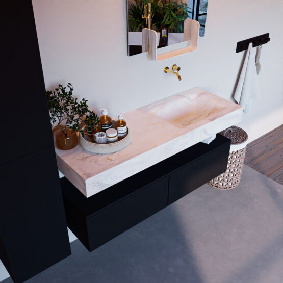 MONDIAZ ALAN-DLUX 130cm mueble de baño Urban 2 cajones. Lavabo CLOUD Derecho sin orificios color Ostra.
