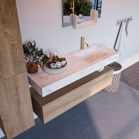 MONDIAZ ALAN-DLUX 130cm mueble de baño Washed Oak 1 cajón. Lavabo CLOUD Derecho 1 orificio color Ostra.