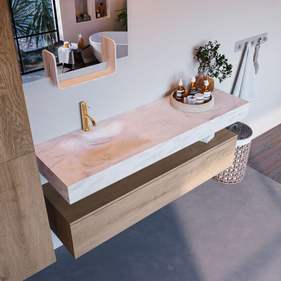 MONDIAZ ALAN-DLUX 150cm mueble de baño Washed Oak 1 cajón. Lavabo CLOUD Izquierda 1 orificio color Ostra.