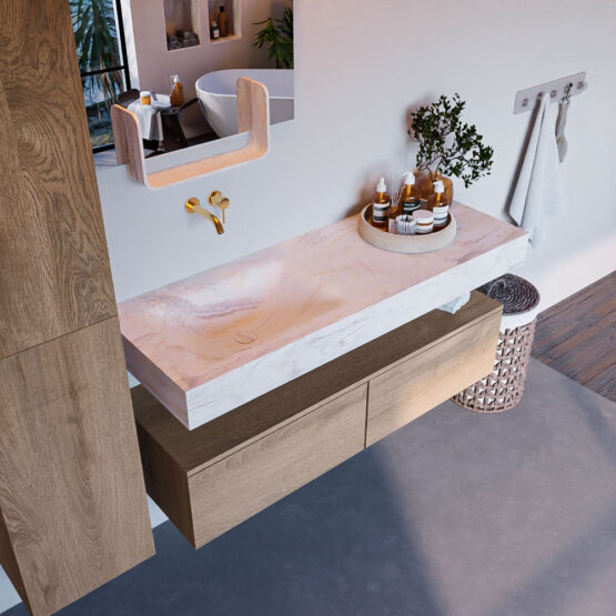MONDIAZ ALAN-DLUX 130cm mueble de baño Washed Oak 2 cajones. Lavabo CLOUD Izquierda sin orificios color Ostra.