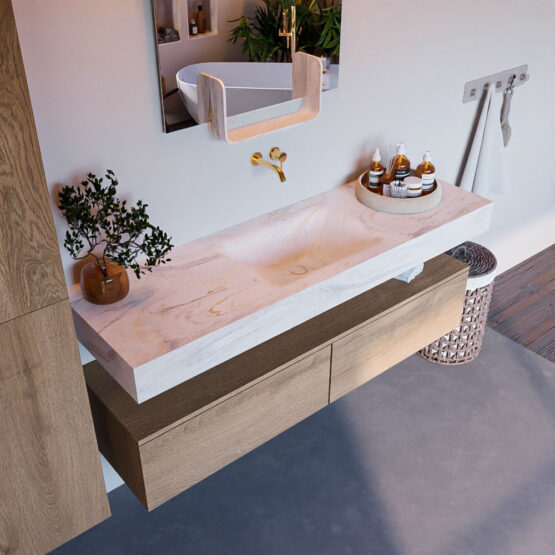 MONDIAZ ALAN-DLUX 150cm mueble de baño Washed Oak 2 cajones. Lavabo CLOUD Centro sin orificios color Ostra.