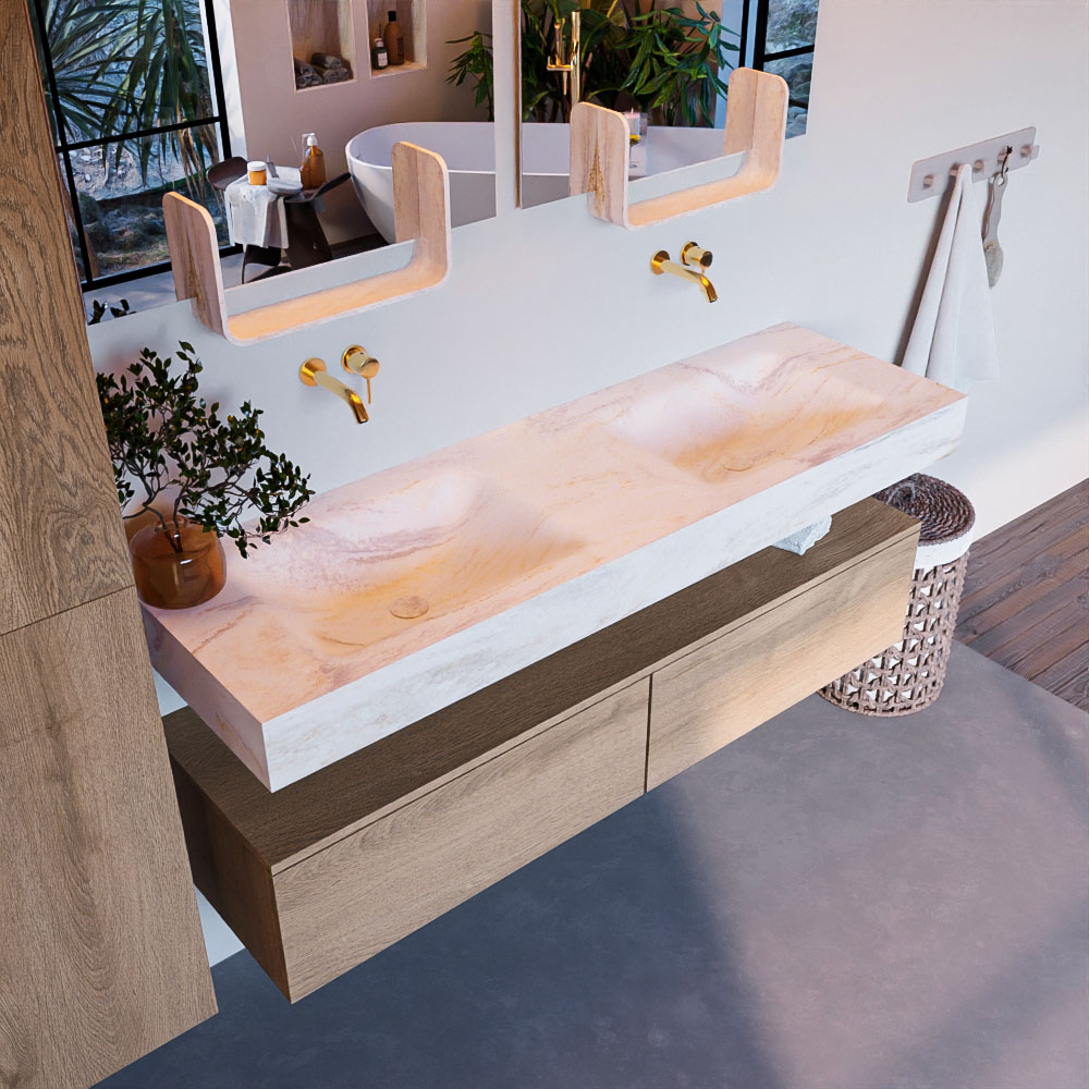 MONDIAZ ALAN-DLUX 150cm mueble de baño Washed Oak 2 cajones. Lavabo CLOUD Doble sin orificios color Ostra. 1 MONDIAZ ALAN-DLUX 150cm mueble de baño Washed Oak 2 cajones. Lavabo CLOUD Doble sin orificios color Ostra.