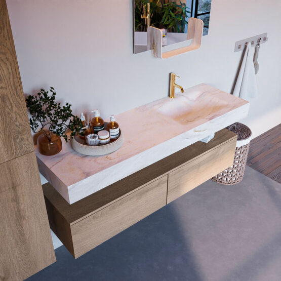 MONDIAZ ALAN-DLUX 150cm mueble de baño Washed Oak 2 cajones. Lavabo CLOUD Derecho 1 orificio color Ostra.