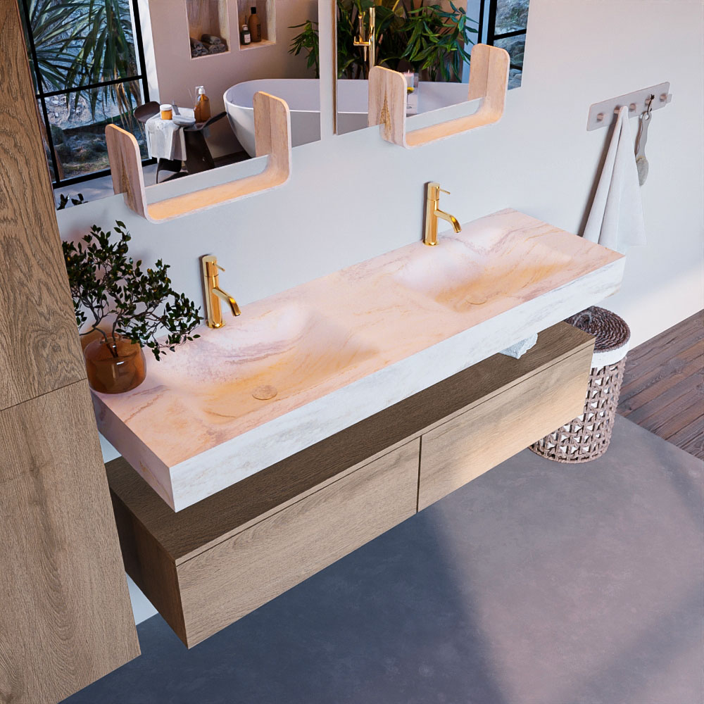 MONDIAZ ALAN-DLUX 150cm mueble de baño Washed Oak 2 cajones. Lavabo CLOUD Doble 2 orificios color Ostra. 1 MONDIAZ ALAN-DLUX 150cm mueble de baño Washed Oak 2 cajones. Lavabo CLOUD Doble 2 orificios color Ostra.