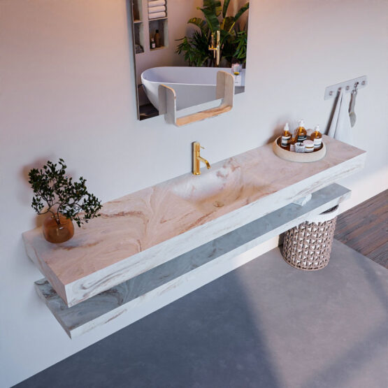 MONDIAZ ALAN-DLUX 200cm estante Frappe. Lavabo suspendido CLOUD Centro 1 orificio color Frappe.