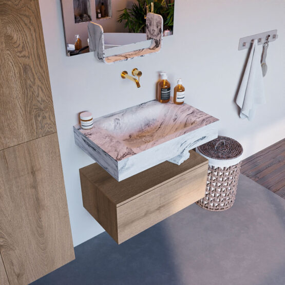 MONDIAZ ALAN-DLUX 70cm mueble de baño Washed Oak 1 cajón. Lavabo CLOUD Centro sin orificios color Glace.