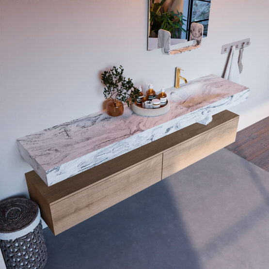 MONDIAZ ALAN-DLUX 200cm mueble de baño Washed Oak 2 cajones. Lavabo CLOUD Derecho 1 orificio color Glace.