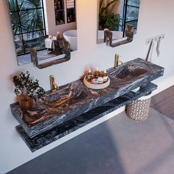 MONDIAZ ALAN-DLUX 200cm estante Lava. Lavabo suspendido CLOUD Doble 2 orificios color Lava.