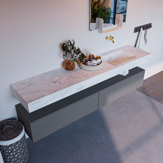 MONDIAZ ALAN-DLUX 200cm mueble de baño Plata 2 cajones. Lavabo CLOUD Derecho sin orificios color Opalo.