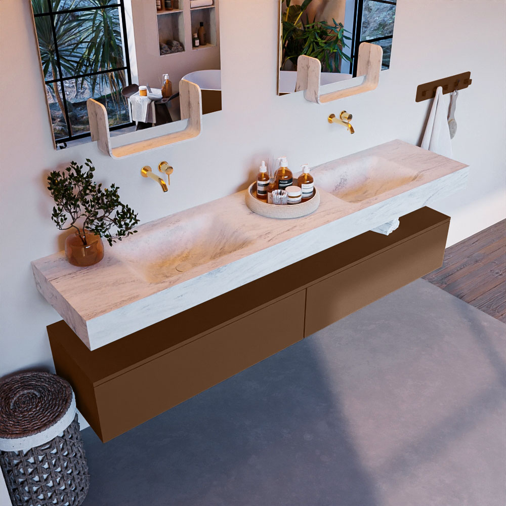 MONDIAZ ALAN-DLUX 200cm mueble de baño Rust 2 cajones. Lavabo CLOUD Doble sin orificios color Opalo. 1 MONDIAZ ALAN-DLUX 200cm mueble de baño Rust 2 cajones. Lavabo CLOUD Doble sin orificios color Opalo.