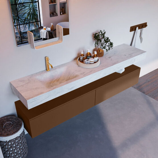 MONDIAZ ALAN-DLUX 200cm mueble de baño Rust 2 cajones. Lavabo CLOUD Izquierda 1 orificio color Opalo.